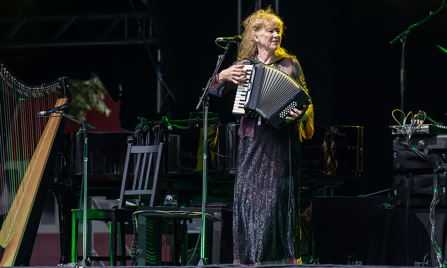 Die kanadische Folk-Sängerin Loreena McKennitt performt stimmungsvoll an der Harfe auf der Bühne der Alten Oper in Frankfurt.