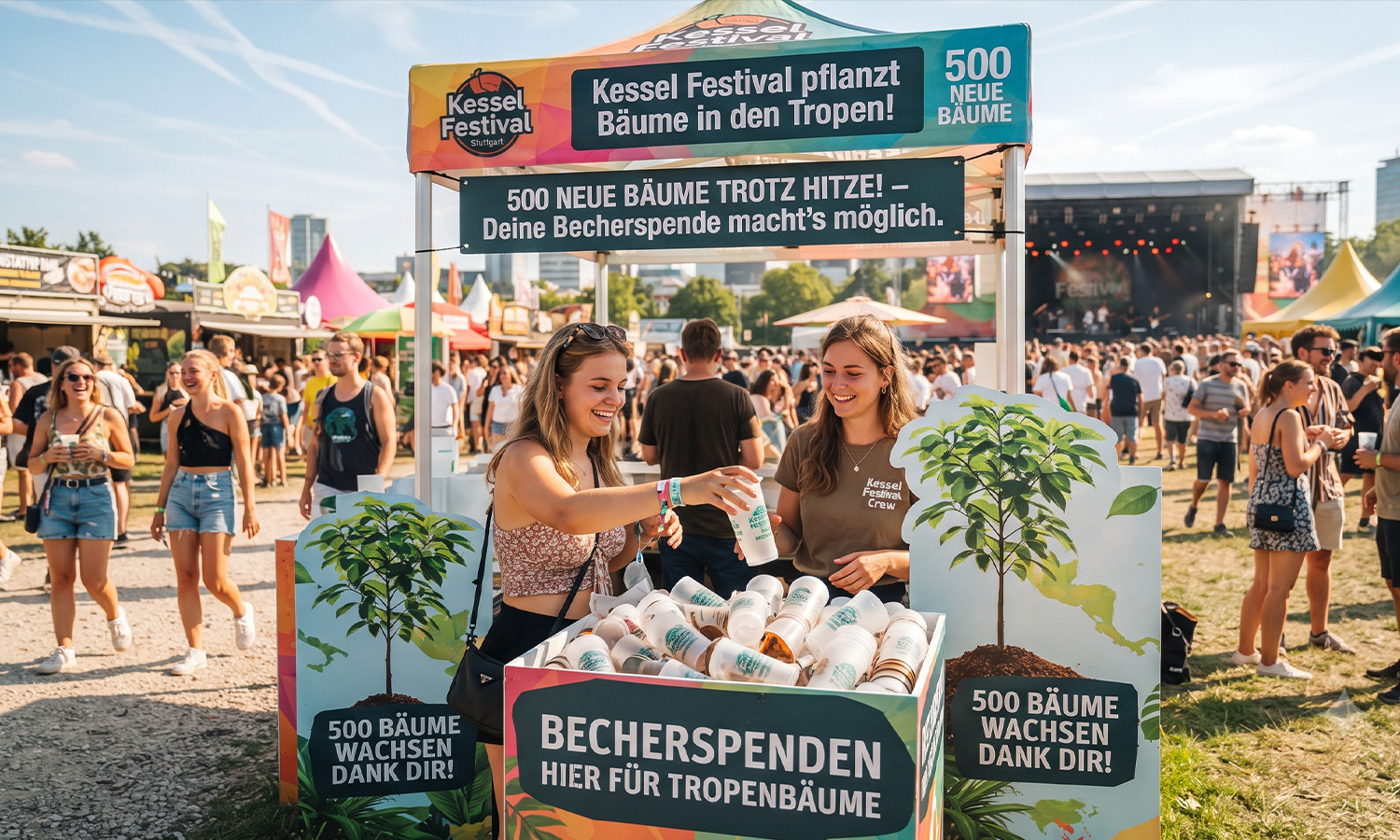 Eine frisch gepflanzte junge Baumpflanze wächst in einer tropischen Region heran, während im Hintergrund die Sonne scheint, unterstützt durch Spenden vom Kessel Festival. AI-generated